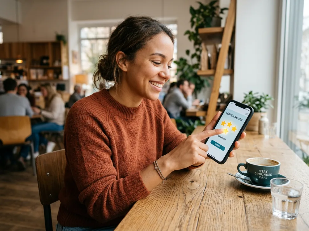 Client satisfait laissant un avis 5 étoiles sur la fiche Google d'un artisan depuis son téléphone