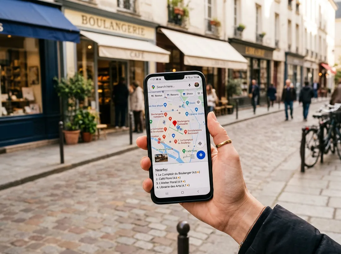 Fiche Google Business d'un commerce local affichée sur un smartphone devant une carte Google Maps