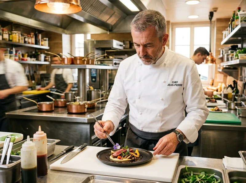 Chef préparant une assiette dans la cuisine de son restaurant